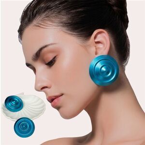 Vintage Large Blue Disc Earrings Statement Round Retro Clip On Bold Mod